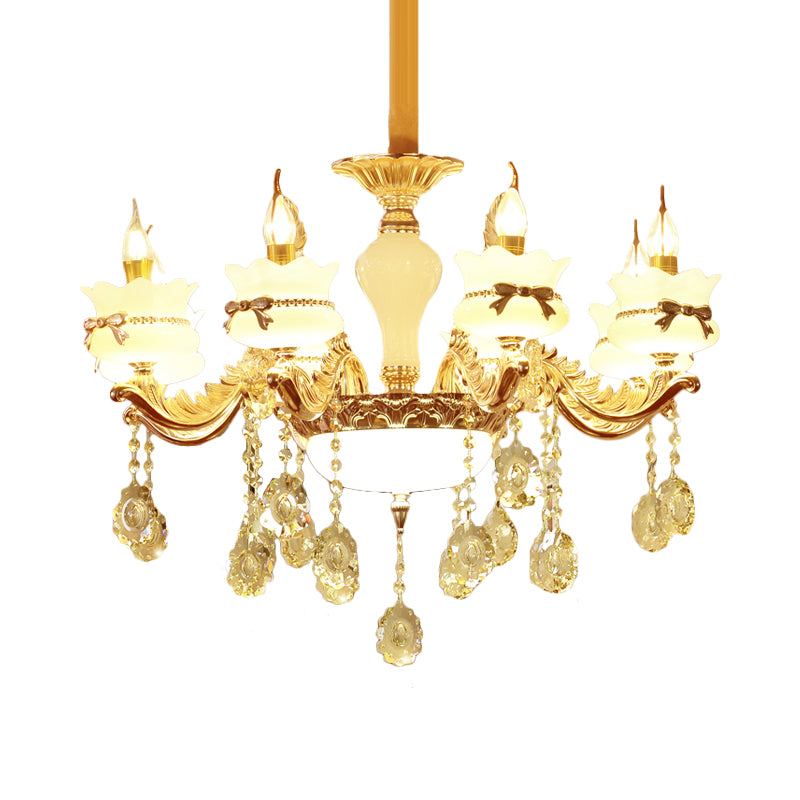 White Glass Scalloped Chandelier Modernist 6/8-Head Restaurant Hanging Pendant with Flower Crystal Drop in Gold Clearhalo 'Ceiling Lights' 'Chandeliers' 'Modern Chandeliers' 'Modern' Lighting' 798391