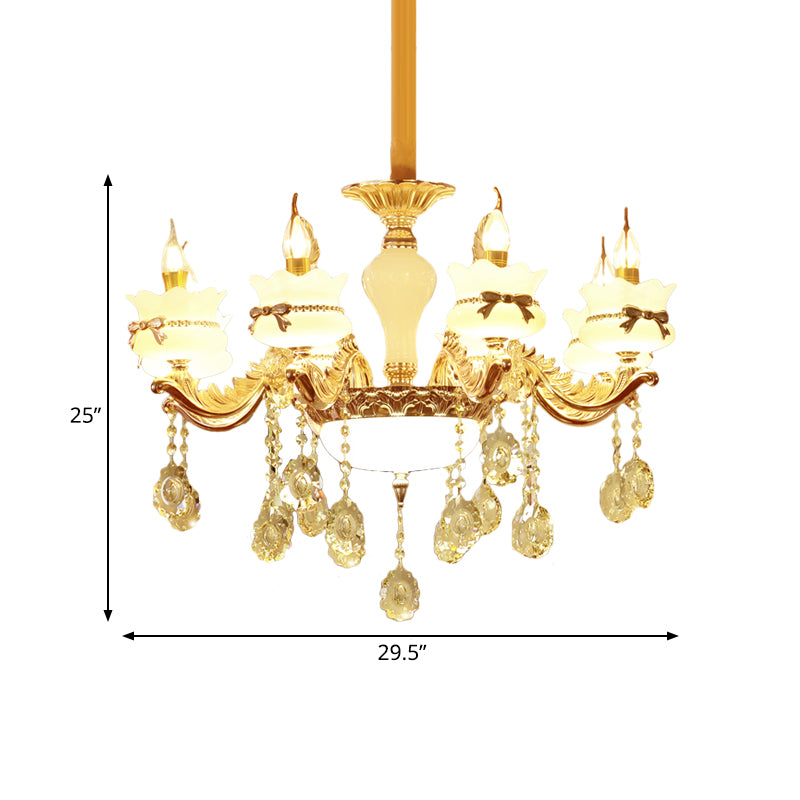 White Glass Scalloped Chandelier Modernist 6/8-Head Restaurant Hanging Pendant with Flower Crystal Drop in Gold Clearhalo 'Ceiling Lights' 'Chandeliers' 'Modern Chandeliers' 'Modern' Lighting' 798392