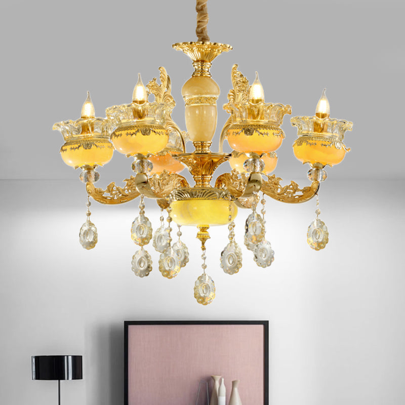 6-Light Chandelier Traditional Dining Hall Ceiling Suspension Lamp with Vase Mable Shade and Crystal Drape Gold Clearhalo 'Ceiling Lights' 'Chandeliers' 'Modern Chandeliers' 'Modern' Lighting' 798403