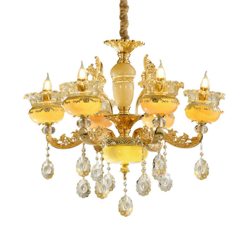6-Light Chandelier Traditional Dining Hall Ceiling Suspension Lamp with Vase Mable Shade and Crystal Drape Clearhalo 'Ceiling Lights' 'Chandeliers' 'Modern Chandeliers' 'Modern' Lighting' 798405