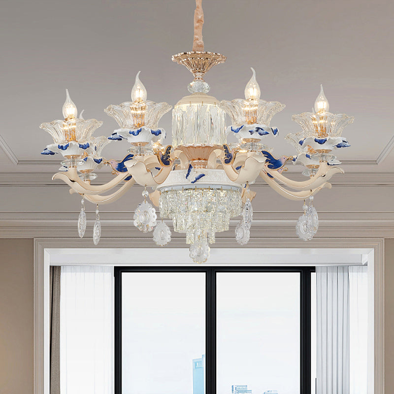 6/8 Lights Crystal Chandelier Pendant Modernism Rose Gold Blooming Bedroom Suspension Lamp with Ceramic Bobeche 8 Gold Clearhalo 'Ceiling Lights' 'Chandeliers' 'Modern Chandeliers' 'Modern' Lighting' 798465