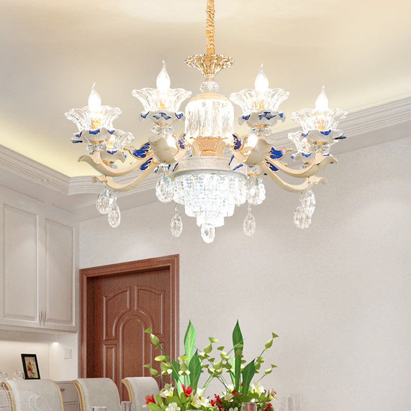 6/8 Lights Crystal Chandelier Pendant Modernism Rose Gold Blooming Bedroom Suspension Lamp with Ceramic Bobeche Clearhalo 'Ceiling Lights' 'Chandeliers' 'Modern Chandeliers' 'Modern' Lighting' 798466
