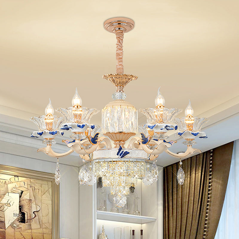 6/8 Lights Crystal Chandelier Pendant Modernism Rose Gold Blooming Bedroom Suspension Lamp with Ceramic Bobeche 6 Gold Clearhalo 'Ceiling Lights' 'Chandeliers' 'Modern Chandeliers' 'Modern' Lighting' 798469