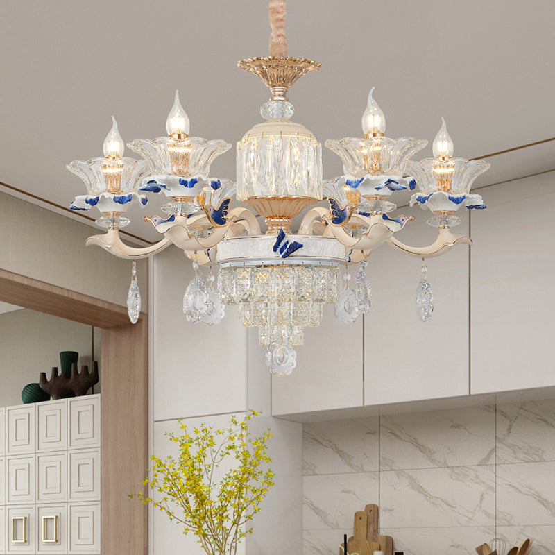 6/8 Lights Crystal Chandelier Pendant Modernism Rose Gold Blooming Bedroom Suspension Lamp with Ceramic Bobeche Clearhalo 'Ceiling Lights' 'Chandeliers' 'Modern Chandeliers' 'Modern' Lighting' 798470