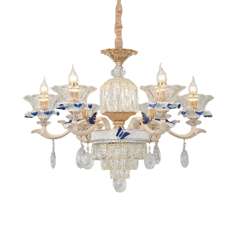 6/8 Lights Crystal Chandelier Pendant Modernism Rose Gold Blooming Bedroom Suspension Lamp with Ceramic Bobeche Clearhalo 'Ceiling Lights' 'Chandeliers' 'Modern Chandeliers' 'Modern' Lighting' 798472