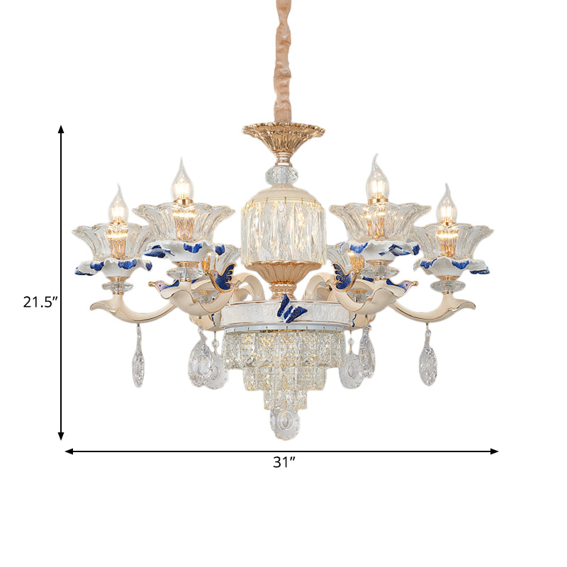 6/8 Lights Crystal Chandelier Pendant Modernism Rose Gold Blooming Bedroom Suspension Lamp with Ceramic Bobeche Clearhalo 'Ceiling Lights' 'Chandeliers' 'Modern Chandeliers' 'Modern' Lighting' 798473
