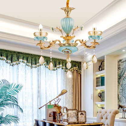 3/6 Bulbs Candelabrum Chandelier Moroccan Gold-Blue Ceramic Hanging Lamp with K9 Crystal Drop 3 Gold Clearhalo 'Ceiling Lights' 'Chandeliers' 'Modern Chandeliers' 'Modern' Lighting' 798504