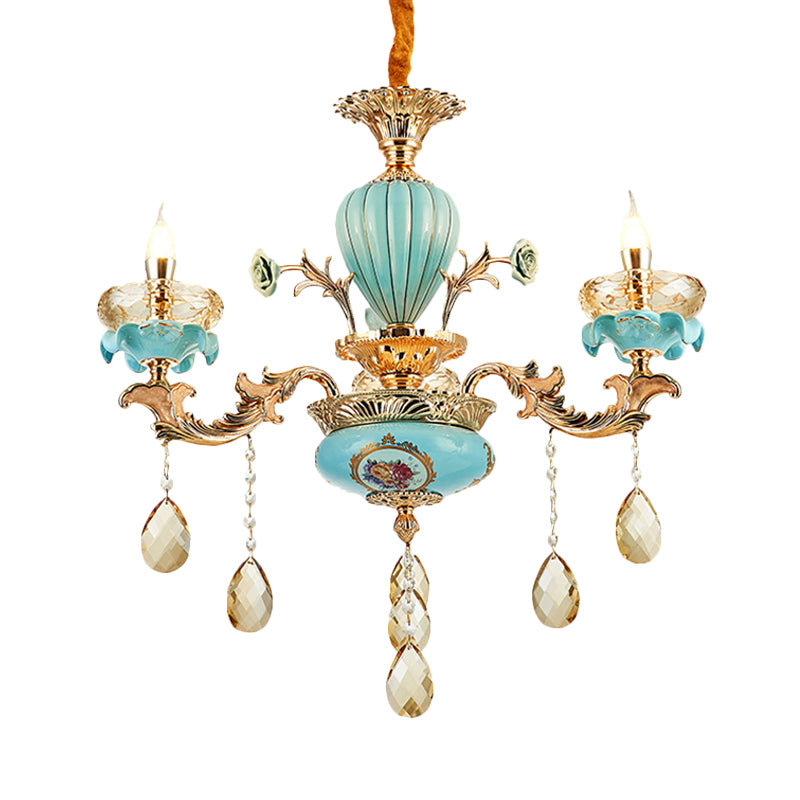 3/6 Bulbs Candelabrum Chandelier Moroccan Gold-Blue Ceramic Hanging Lamp with K9 Crystal Drop Clearhalo 'Ceiling Lights' 'Chandeliers' 'Modern Chandeliers' 'Modern' Lighting' 798505
