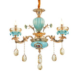 3/6 Bulbs Candelabrum Chandelier Moroccan Gold-Blue Ceramic Hanging Lamp with K9 Crystal Drop Clearhalo 'Ceiling Lights' 'Chandeliers' 'Modern Chandeliers' 'Modern' Lighting' 798505