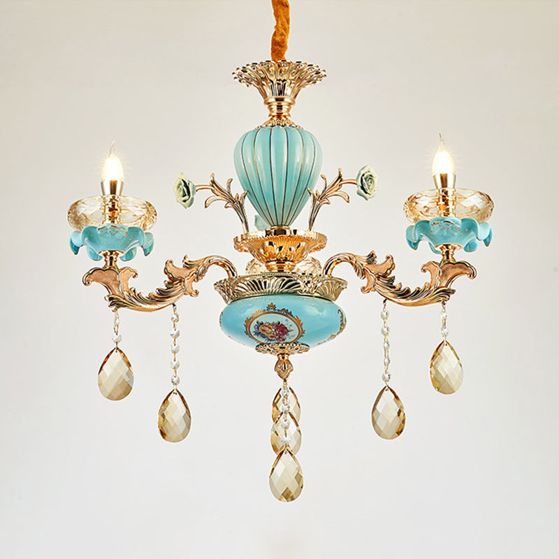 3/6 Bulbs Candelabrum Chandelier Moroccan Gold-Blue Ceramic Hanging Lamp with K9 Crystal Drop Clearhalo 'Ceiling Lights' 'Chandeliers' 'Modern Chandeliers' 'Modern' Lighting' 798506
