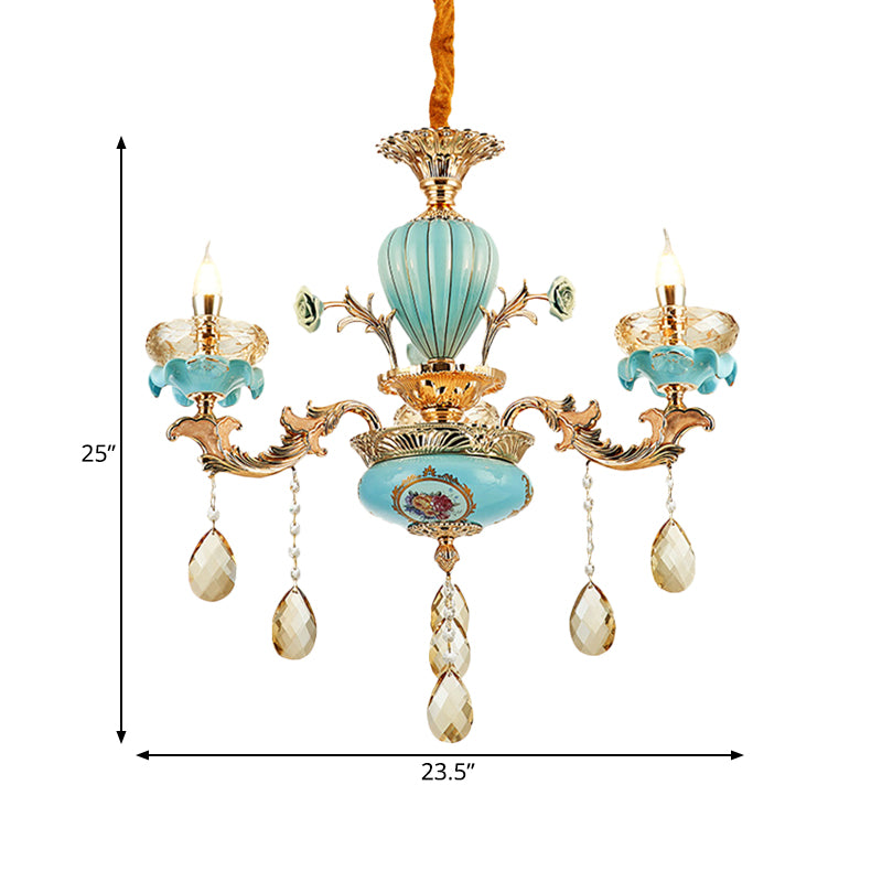 3/6 Bulbs Candelabrum Chandelier Moroccan Gold-Blue Ceramic Hanging Lamp with K9 Crystal Drop Clearhalo 'Ceiling Lights' 'Chandeliers' 'Modern Chandeliers' 'Modern' Lighting' 798507