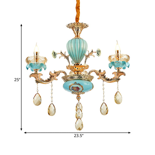 3/6 Bulbs Candelabrum Chandelier Moroccan Gold-Blue Ceramic Hanging Lamp with K9 Crystal Drop Clearhalo 'Ceiling Lights' 'Chandeliers' 'Modern Chandeliers' 'Modern' Lighting' 798507