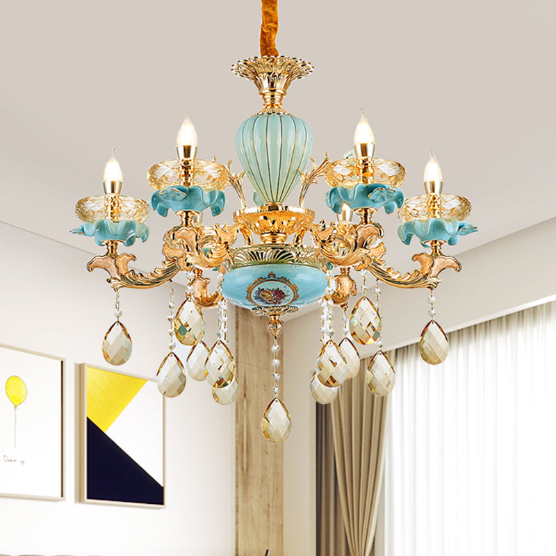 3/6 Bulbs Candelabrum Chandelier Moroccan Gold-Blue Ceramic Hanging Lamp with K9 Crystal Drop 6 Gold Clearhalo 'Ceiling Lights' 'Chandeliers' 'Modern Chandeliers' 'Modern' Lighting' 798508