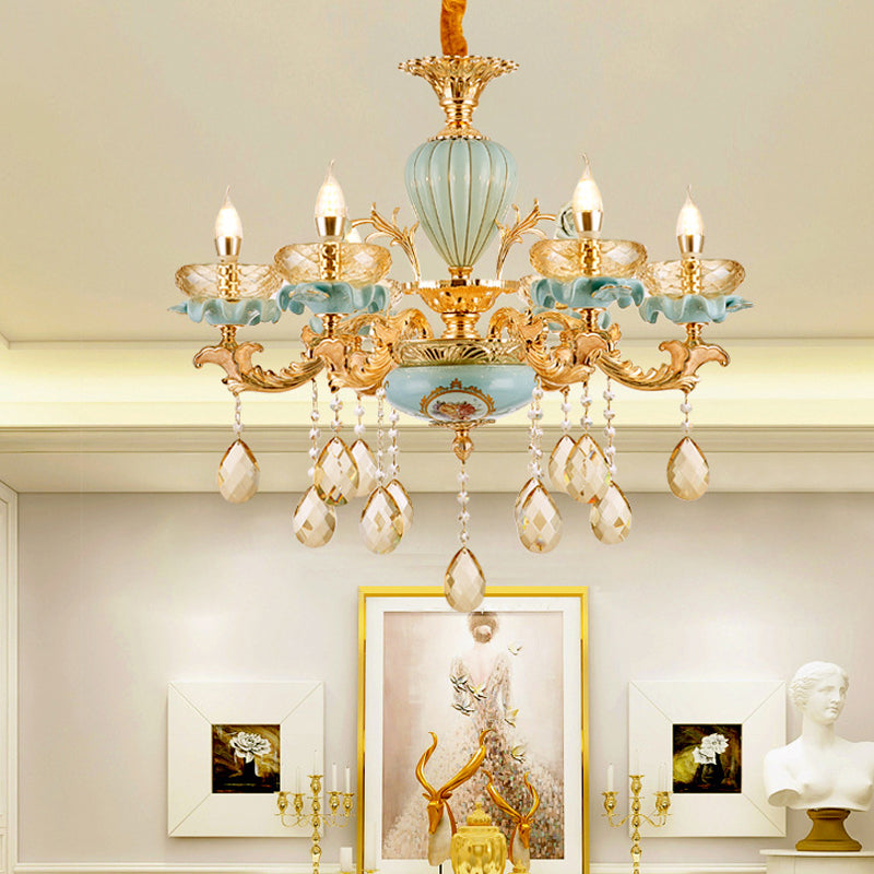 3/6 Bulbs Candelabrum Chandelier Moroccan Gold-Blue Ceramic Hanging Lamp with K9 Crystal Drop Clearhalo 'Ceiling Lights' 'Chandeliers' 'Modern Chandeliers' 'Modern' Lighting' 798509