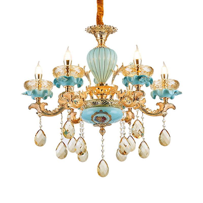 3/6 Bulbs Candelabrum Chandelier Moroccan Gold-Blue Ceramic Hanging Lamp with K9 Crystal Drop Clearhalo 'Ceiling Lights' 'Chandeliers' 'Modern Chandeliers' 'Modern' Lighting' 798510