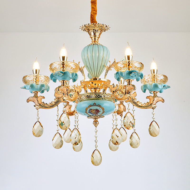 3/6 Bulbs Candelabrum Chandelier Moroccan Gold-Blue Ceramic Hanging Lamp with K9 Crystal Drop Clearhalo 'Ceiling Lights' 'Chandeliers' 'Modern Chandeliers' 'Modern' Lighting' 798511