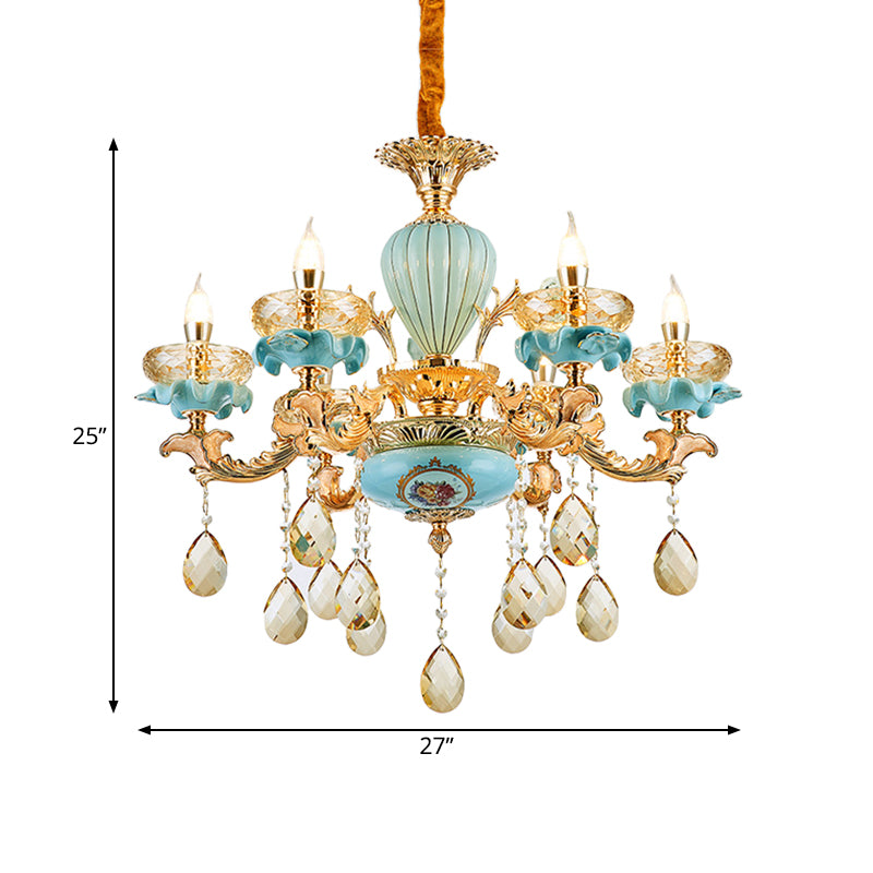 3/6 Bulbs Candelabrum Chandelier Moroccan Gold-Blue Ceramic Hanging Lamp with K9 Crystal Drop Clearhalo 'Ceiling Lights' 'Chandeliers' 'Modern Chandeliers' 'Modern' Lighting' 798512