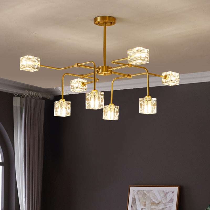 Crystal Cube Gold Chandelier Lamp Traverse 8 Bulbs Modern Style Suspension Pendant Gold Clearhalo 'Ceiling Lights' 'Chandeliers' 'Modern Chandeliers' 'Modern' Lighting' 798577