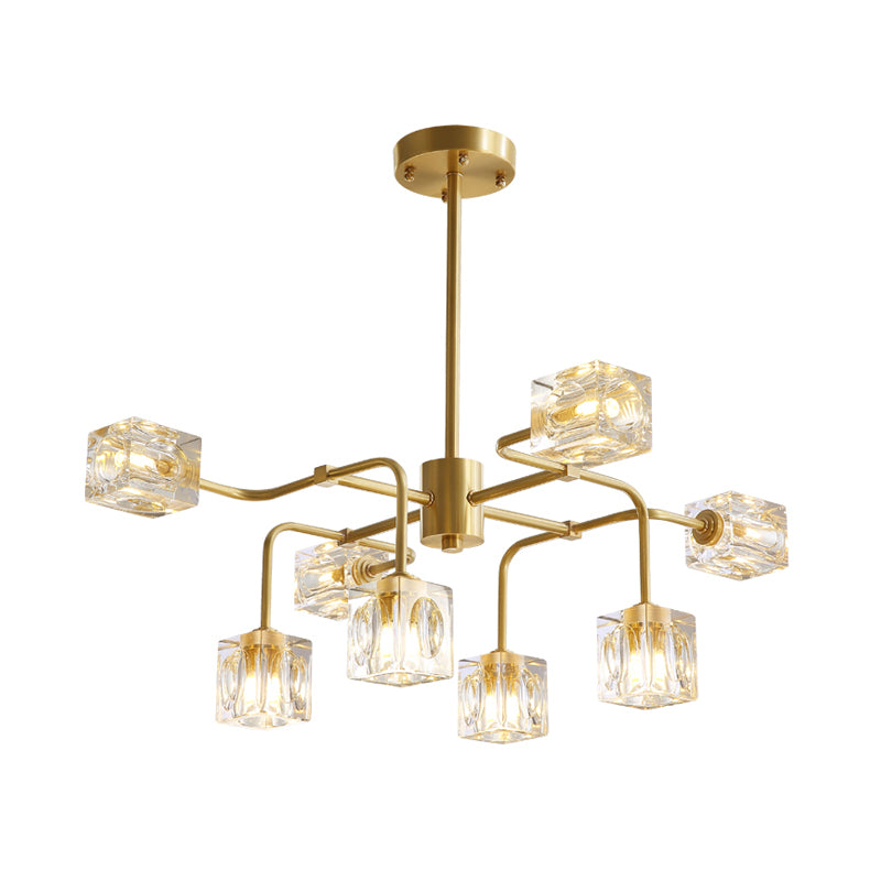 Crystal Cube Gold Chandelier Lamp Traverse 8 Bulbs Modern Style Suspension Pendant Clearhalo 'Ceiling Lights' 'Chandeliers' 'Modern Chandeliers' 'Modern' Lighting' 798578