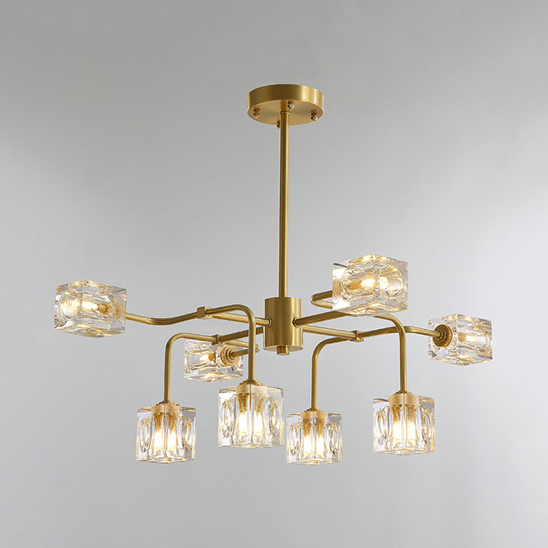 Crystal Cube Gold Chandelier Lamp Traverse 8 Bulbs Modern Style Suspension Pendant Clearhalo 'Ceiling Lights' 'Chandeliers' 'Modern Chandeliers' 'Modern' Lighting' 798579
