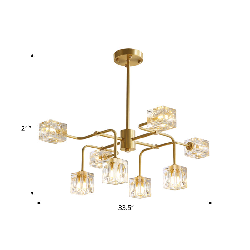 Crystal Cube Gold Chandelier Lamp Traverse 8 Bulbs Modern Style Suspension Pendant Clearhalo 'Ceiling Lights' 'Chandeliers' 'Modern Chandeliers' 'Modern' Lighting' 798580