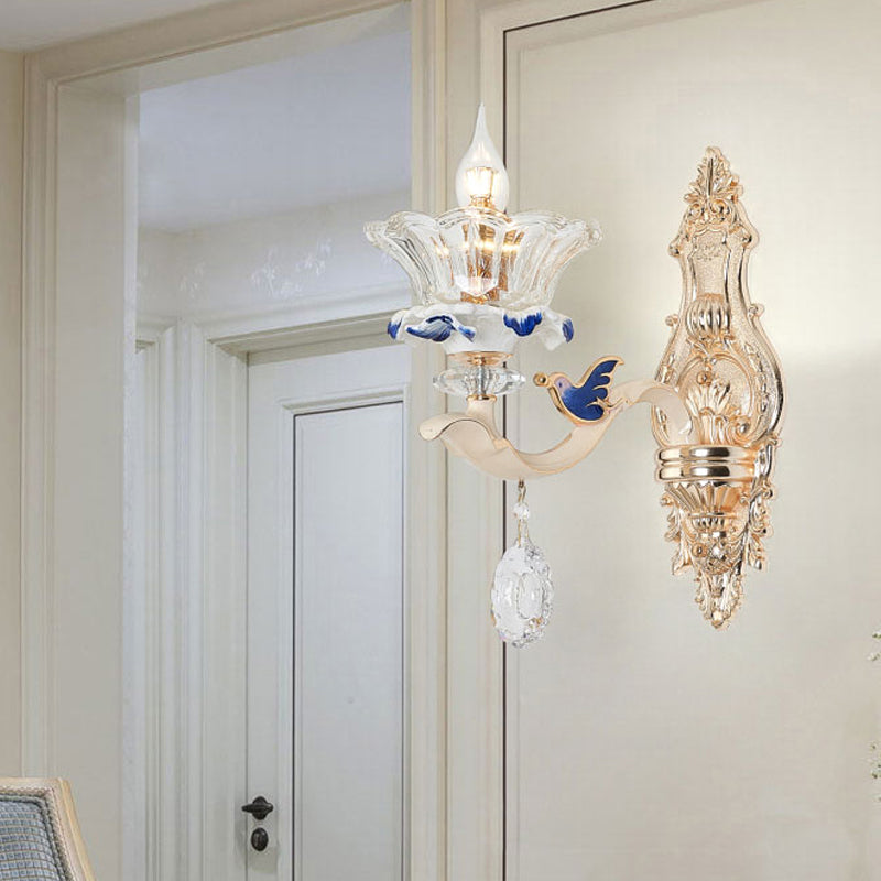 1/2-Head Wall Sconce Light Traditional Living Room Wall Mount Lamp with Flower Crystal Shade in Brass 1.0 Brass Clearhalo 'Cast Iron' 'Glass' 'Industrial' 'Modern wall lights' 'Modern' 'Tiffany' 'Traditional wall lights' 'Wall Lamps & Sconces' 'Wall Lights' Lighting' 798644