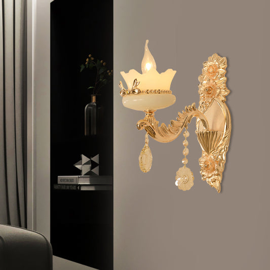 Scalloped Frosted Glass Wall Lighting Retro 1/2-Light Living Room Sconce with Brass Carved Arm 1.0 Brass Clearhalo 'Cast Iron' 'Glass' 'Industrial' 'Modern wall lights' 'Modern' 'Tiffany' 'Traditional wall lights' 'Wall Lamps & Sconces' 'Wall Lights' Lighting' 798653