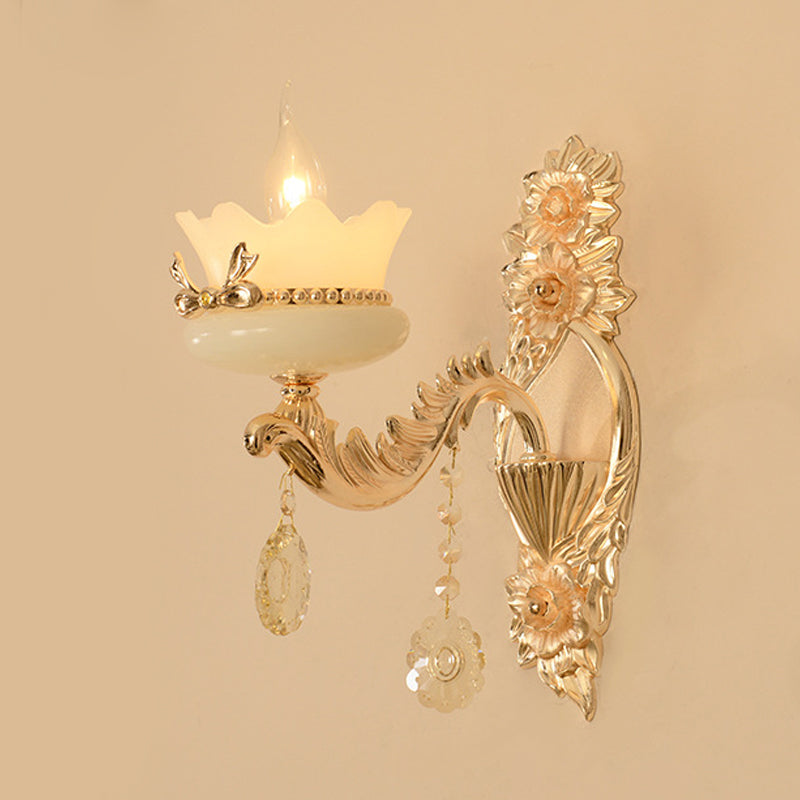 Scalloped Frosted Glass Wall Lighting Retro 1/2-Light Living Room Sconce with Brass Carved Arm Clearhalo 'Cast Iron' 'Glass' 'Industrial' 'Modern wall lights' 'Modern' 'Tiffany' 'Traditional wall lights' 'Wall Lamps & Sconces' 'Wall Lights' Lighting' 798655