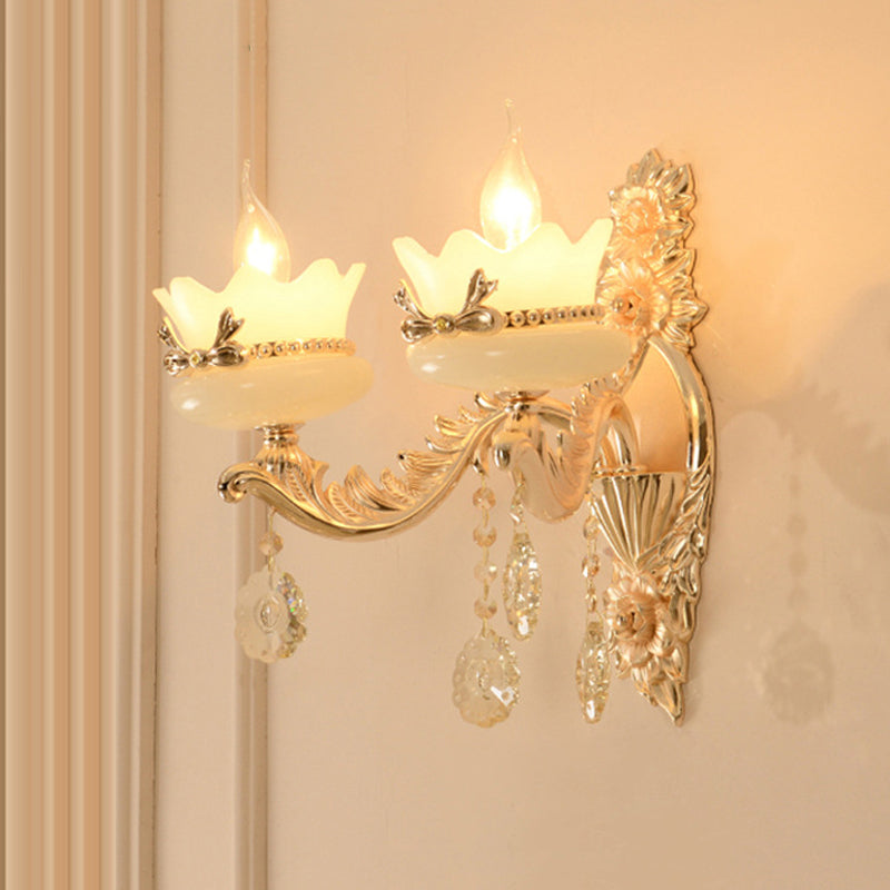 Scalloped Frosted Glass Wall Lighting Retro 1/2-Light Living Room Sconce with Brass Carved Arm 2.0 Brass Clearhalo 'Cast Iron' 'Glass' 'Industrial' 'Modern wall lights' 'Modern' 'Tiffany' 'Traditional wall lights' 'Wall Lamps & Sconces' 'Wall Lights' Lighting' 798657