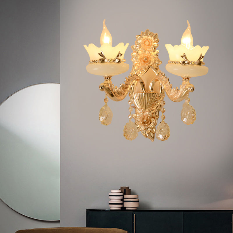 Scalloped Frosted Glass Wall Lighting Retro 1/2-Light Living Room Sconce with Brass Carved Arm Clearhalo 'Cast Iron' 'Glass' 'Industrial' 'Modern wall lights' 'Modern' 'Tiffany' 'Traditional wall lights' 'Wall Lamps & Sconces' 'Wall Lights' Lighting' 798658