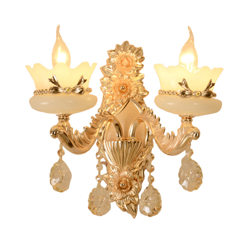 Scalloped Frosted Glass Wall Lighting Retro 1/2-Light Living Room Sconce with Brass Carved Arm Clearhalo 'Cast Iron' 'Glass' 'Industrial' 'Modern wall lights' 'Modern' 'Tiffany' 'Traditional wall lights' 'Wall Lamps & Sconces' 'Wall Lights' Lighting' 798659