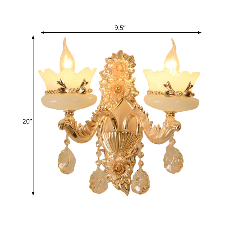Scalloped Frosted Glass Wall Lighting Retro 1/2-Light Living Room Sconce with Brass Carved Arm Clearhalo 'Cast Iron' 'Glass' 'Industrial' 'Modern wall lights' 'Modern' 'Tiffany' 'Traditional wall lights' 'Wall Lamps & Sconces' 'Wall Lights' Lighting' 798661