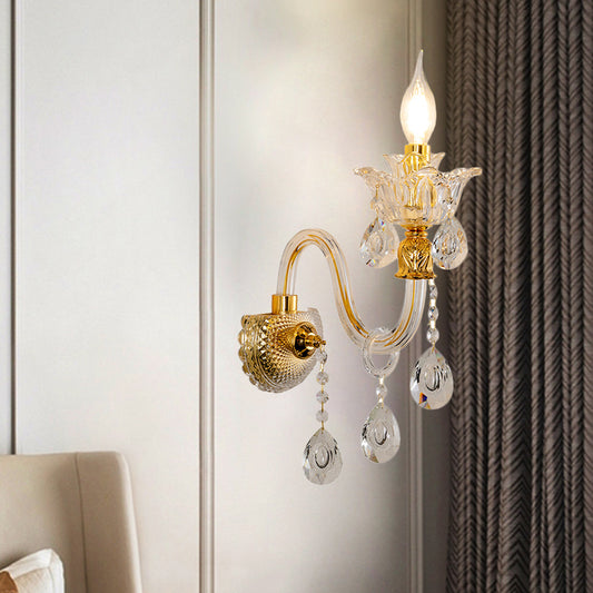 1/2-Bulb Clear Glass Coated Wall Lamp Vintage Gold Candle Style Lounge Sconce Light with Undulated Arm 1.0 Gold Clearhalo 'Cast Iron' 'Glass' 'Industrial' 'Modern wall lights' 'Modern' 'Tiffany' 'Traditional wall lights' 'Wall Lamps & Sconces' 'Wall Lights' Lighting' 798662