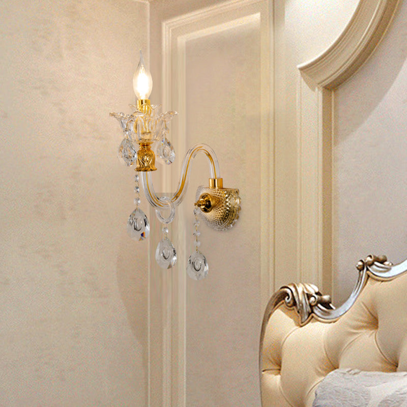 1/2-Bulb Clear Glass Coated Wall Lamp Vintage Gold Candle Style Lounge Sconce Light with Undulated Arm Clearhalo 'Cast Iron' 'Glass' 'Industrial' 'Modern wall lights' 'Modern' 'Tiffany' 'Traditional wall lights' 'Wall Lamps & Sconces' 'Wall Lights' Lighting' 798663