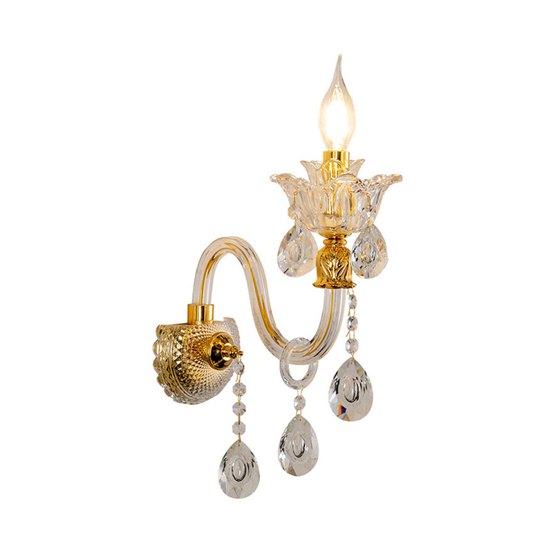 1/2-Bulb Clear Glass Coated Wall Lamp Vintage Gold Candle Style Lounge Sconce Light with Undulated Arm Clearhalo 'Cast Iron' 'Glass' 'Industrial' 'Modern wall lights' 'Modern' 'Tiffany' 'Traditional wall lights' 'Wall Lamps & Sconces' 'Wall Lights' Lighting' 798664