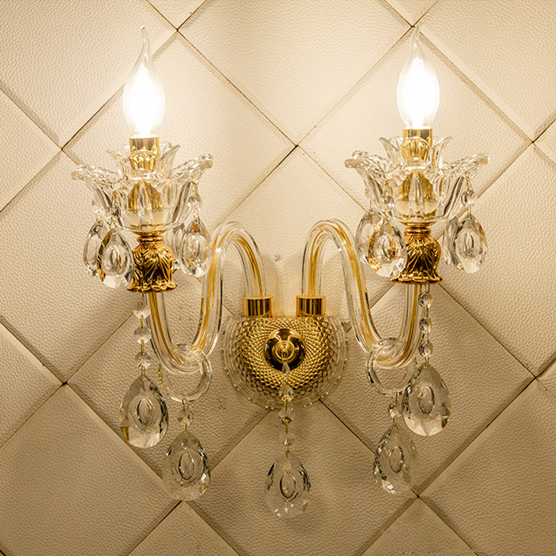 1/2-Bulb Clear Glass Coated Wall Lamp Vintage Gold Candle Style Lounge Sconce Light with Undulated Arm 2.0 Gold Clearhalo 'Cast Iron' 'Glass' 'Industrial' 'Modern wall lights' 'Modern' 'Tiffany' 'Traditional wall lights' 'Wall Lamps & Sconces' 'Wall Lights' Lighting' 798666