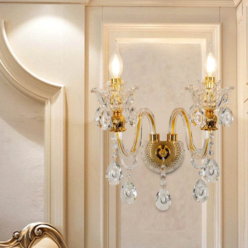 1/2-Bulb Clear Glass Coated Wall Lamp Vintage Gold Candle Style Lounge Sconce Light with Undulated Arm Clearhalo 'Cast Iron' 'Glass' 'Industrial' 'Modern wall lights' 'Modern' 'Tiffany' 'Traditional wall lights' 'Wall Lamps & Sconces' 'Wall Lights' Lighting' 798667