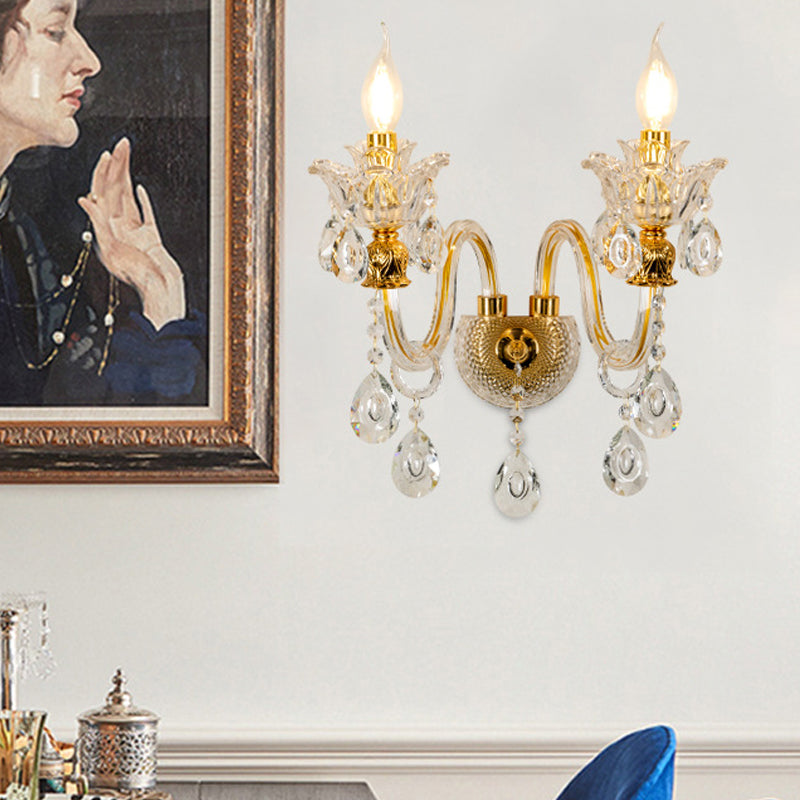 1/2-Bulb Clear Glass Coated Wall Lamp Vintage Gold Candle Style Lounge Sconce Light with Undulated Arm Clearhalo 'Cast Iron' 'Glass' 'Industrial' 'Modern wall lights' 'Modern' 'Tiffany' 'Traditional wall lights' 'Wall Lamps & Sconces' 'Wall Lights' Lighting' 798668