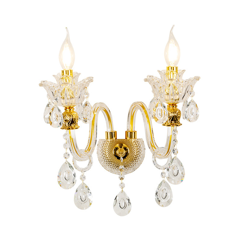 1/2-Bulb Clear Glass Coated Wall Lamp Vintage Gold Candle Style Lounge Sconce Light with Undulated Arm Clearhalo 'Cast Iron' 'Glass' 'Industrial' 'Modern wall lights' 'Modern' 'Tiffany' 'Traditional wall lights' 'Wall Lamps & Sconces' 'Wall Lights' Lighting' 798669