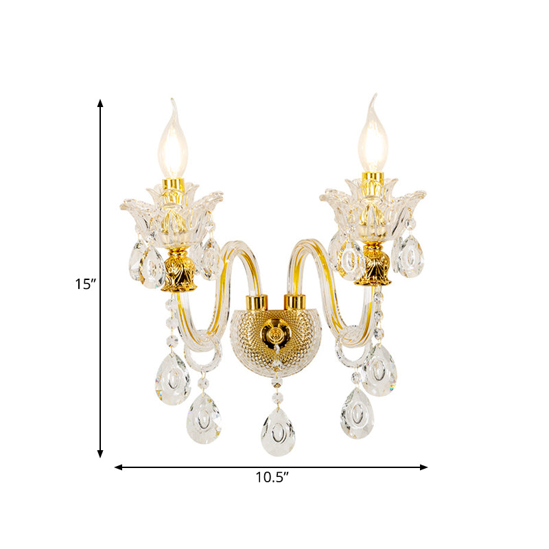 1/2-Bulb Clear Glass Coated Wall Lamp Vintage Gold Candle Style Lounge Sconce Light with Undulated Arm Clearhalo 'Cast Iron' 'Glass' 'Industrial' 'Modern wall lights' 'Modern' 'Tiffany' 'Traditional wall lights' 'Wall Lamps & Sconces' 'Wall Lights' Lighting' 798670