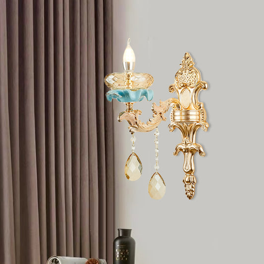 Antiqued Candlestick Wall Mount Lamp 1/2-Light K9 Crystal Sconce Light Fixture with Ceramic Accent in Gold 1.0 Gold Clearhalo 'Modern wall lights' 'Modern' 'Wall Lamps & Sconces' 'Wall Lights' Lighting' 798671
