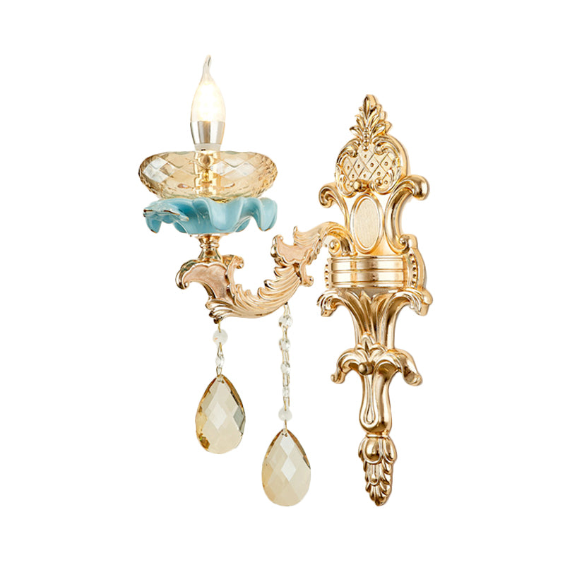 Antiqued Candlestick Wall Mount Lamp 1/2-Light K9 Crystal Sconce Light Fixture with Ceramic Accent in Gold Clearhalo 'Modern wall lights' 'Modern' 'Wall Lamps & Sconces' 'Wall Lights' Lighting' 798672