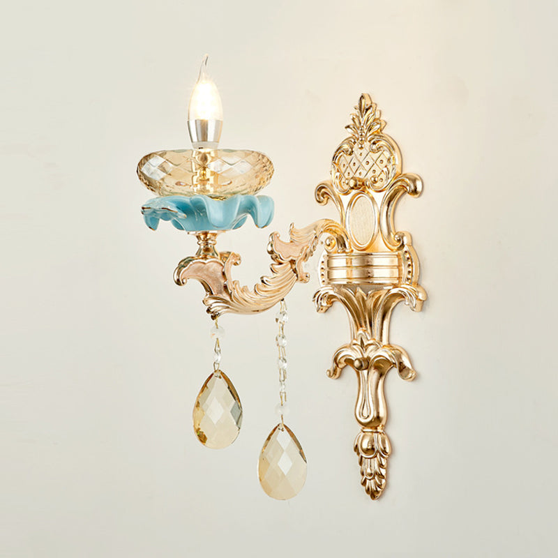 Antiqued Candlestick Wall Mount Lamp 1/2-Light K9 Crystal Sconce Light Fixture with Ceramic Accent in Gold Clearhalo 'Modern wall lights' 'Modern' 'Wall Lamps & Sconces' 'Wall Lights' Lighting' 798673