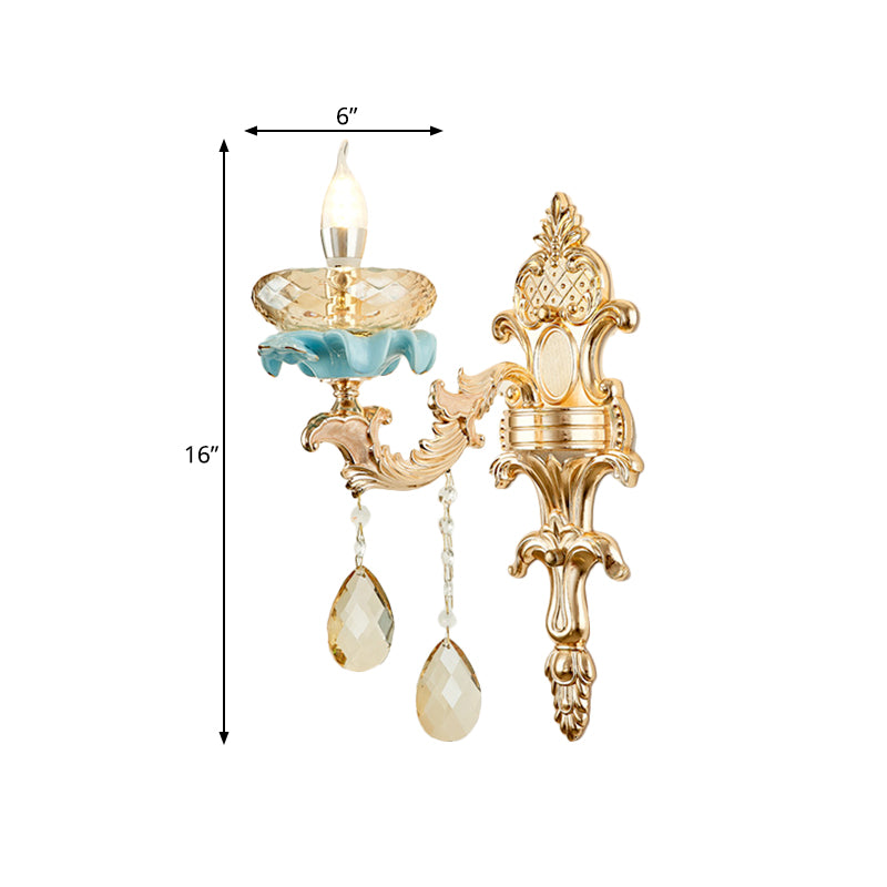 Antiqued Candlestick Wall Mount Lamp 1/2-Light K9 Crystal Sconce Light Fixture with Ceramic Accent in Gold Clearhalo 'Modern wall lights' 'Modern' 'Wall Lamps & Sconces' 'Wall Lights' Lighting' 798674