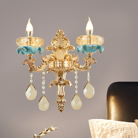 Antiqued Candlestick Wall Mount Lamp 1/2-Light K9 Crystal Sconce Light Fixture with Ceramic Accent in Gold 2.0 Gold Clearhalo 'Modern wall lights' 'Modern' 'Wall Lamps & Sconces' 'Wall Lights' Lighting' 798675