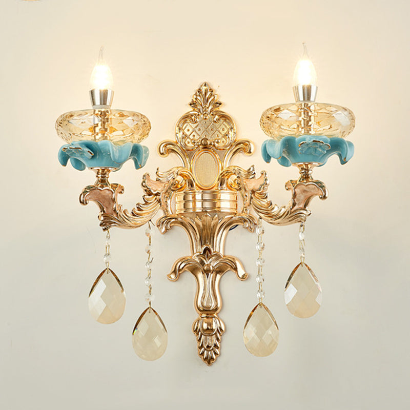 Antiqued Candlestick Wall Mount Lamp 1/2-Light K9 Crystal Sconce Light Fixture with Ceramic Accent in Gold Clearhalo 'Modern wall lights' 'Modern' 'Wall Lamps & Sconces' 'Wall Lights' Lighting' 798678