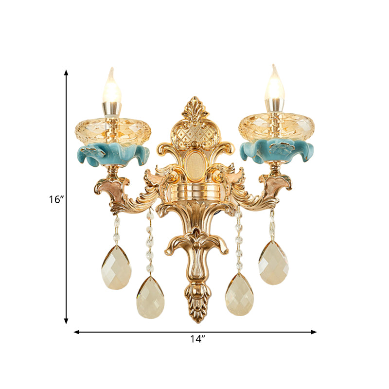 Antiqued Candlestick Wall Mount Lamp 1/2-Light K9 Crystal Sconce Light Fixture with Ceramic Accent in Gold Clearhalo 'Modern wall lights' 'Modern' 'Wall Lamps & Sconces' 'Wall Lights' Lighting' 798679