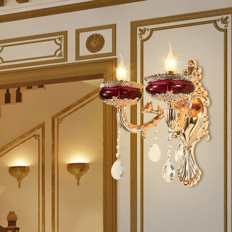 Crystal Gold-Red Wall Lighting Ideas Flameless Candle 1/2-Head Traditional Sconce Lamp for Lobby Gold Clearhalo 'Cast Iron' 'Glass' 'Industrial' 'Modern wall lights' 'Modern' 'Tiffany' 'Traditional wall lights' 'Wall Lamps & Sconces' 'Wall Lights' Lighting' 798680