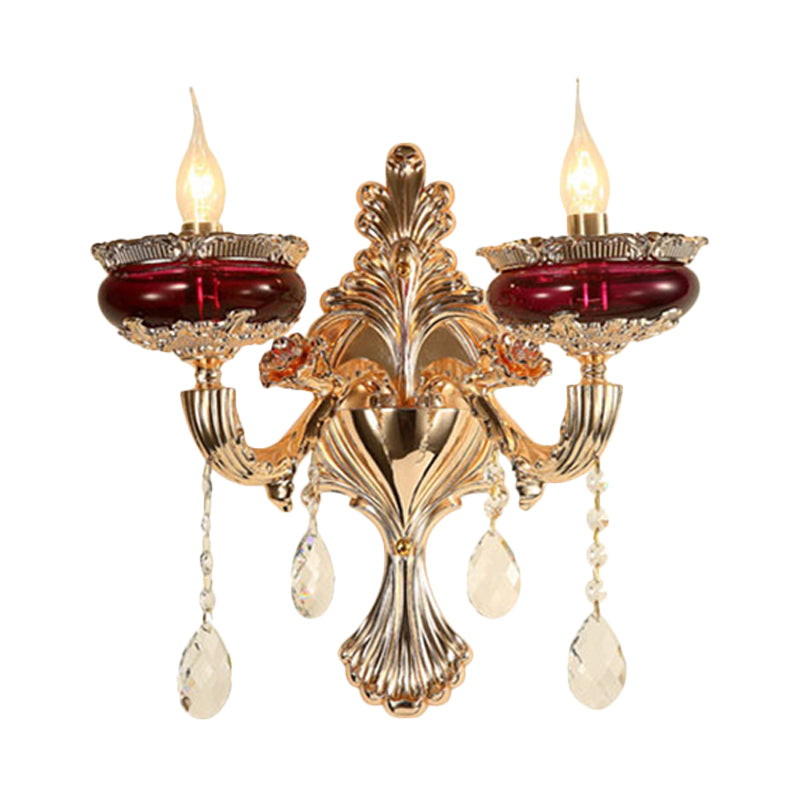 Crystal Gold-Red Wall Lighting Ideas Flameless Candle 1/2-Head Traditional Sconce Lamp for Lobby Clearhalo 'Cast Iron' 'Glass' 'Industrial' 'Modern wall lights' 'Modern' 'Tiffany' 'Traditional wall lights' 'Wall Lamps & Sconces' 'Wall Lights' Lighting' 798682