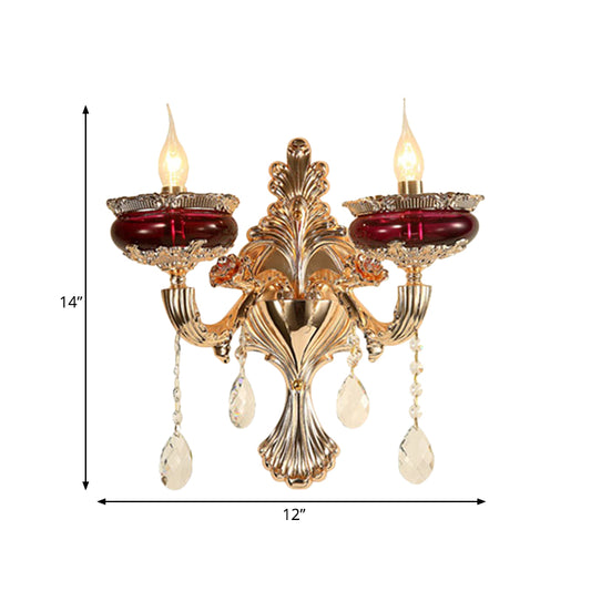 Crystal Gold-Red Wall Lighting Ideas Flameless Candle 1/2-Head Traditional Sconce Lamp for Lobby Clearhalo 'Cast Iron' 'Glass' 'Industrial' 'Modern wall lights' 'Modern' 'Tiffany' 'Traditional wall lights' 'Wall Lamps & Sconces' 'Wall Lights' Lighting' 798683
